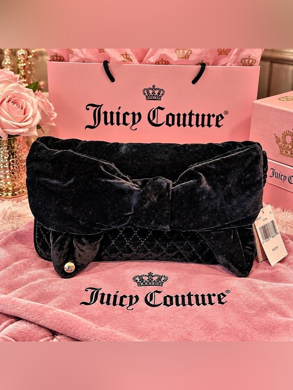 Juicy Couture Black Velvet Bow Clutch Bag NWT